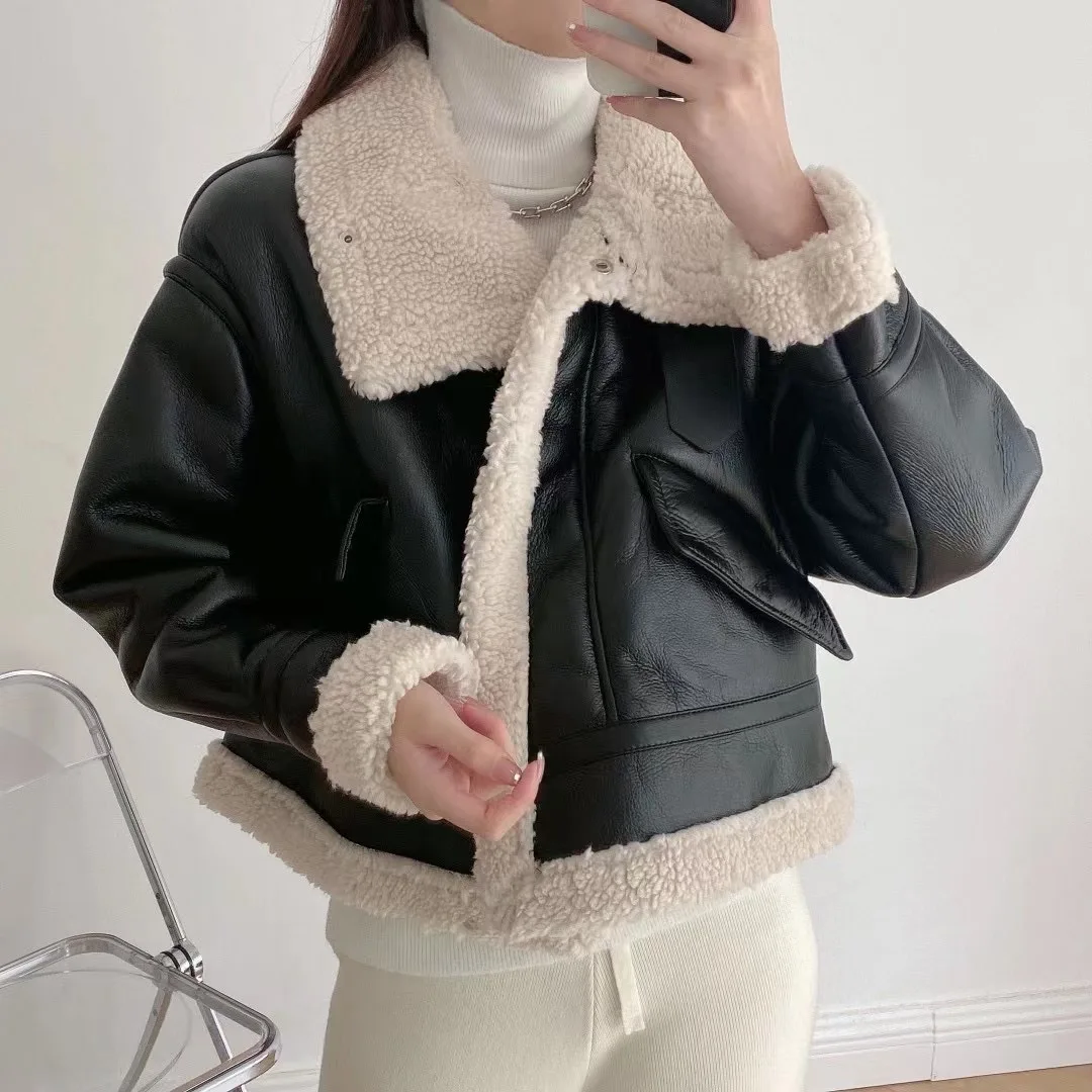 

Aoottii New Winter Women Streetwear Faux Soft Leather Lamb Fur Jacket Moto Biker Pocket Thick Warm Short Coat Ladies Outwear