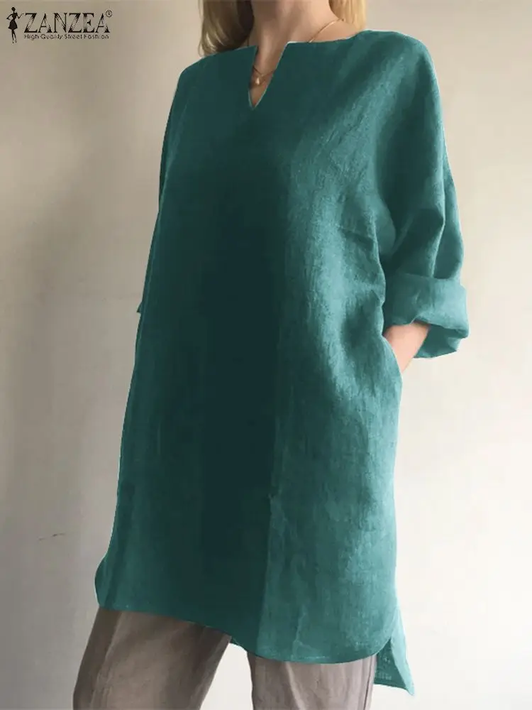 

ZANZEA Fashion Long Sleeve Shirts Women Solid Color Retro Long Blouse Casual Loose Cotton Spring Tops Tunic 2023 Holiday Blusas