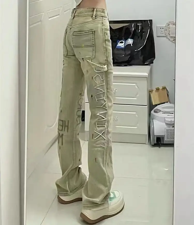 

American Hot Girl Khaki Jeans Letters Print Pockets Slim Denim Trousers Plus Size Empire Straight Long Punk Goth Pants for Women