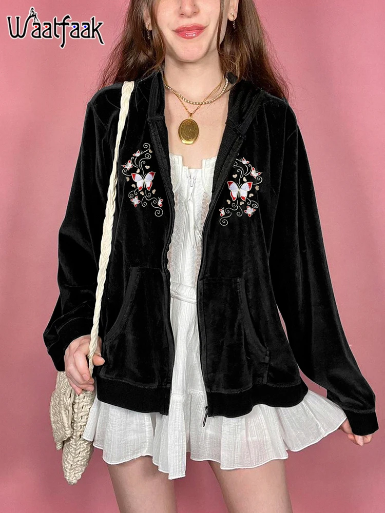 

Waatfaak Embroidery Butterfly Retro Velvet Jacket Sweet Brown Vintage Winter Zip Up Oversize Coat Goth Grunge Y2K Aesthetic Top