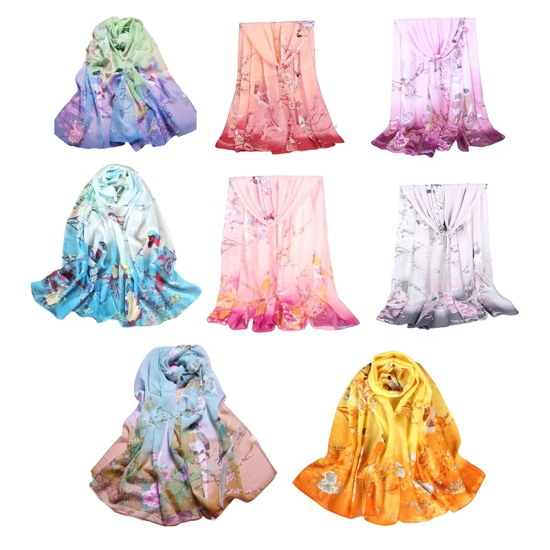 

L21E Chiffon Tudung Hijab Scarfs Chinese Traditional Painting Magpie Annunciation Shawls and Wraps Pashmina Stole