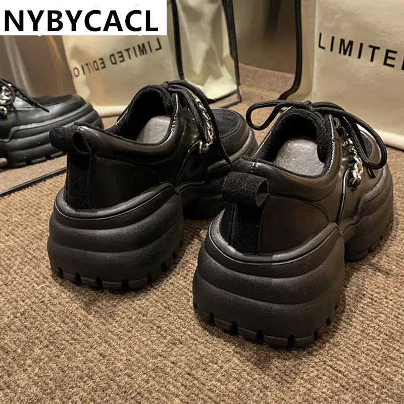 Women Chunky Platform Flat Pumps Women Patent leather Chain Shoes Oxford Shoes Black Casual Thick bottom Round toe Ladies Shoes