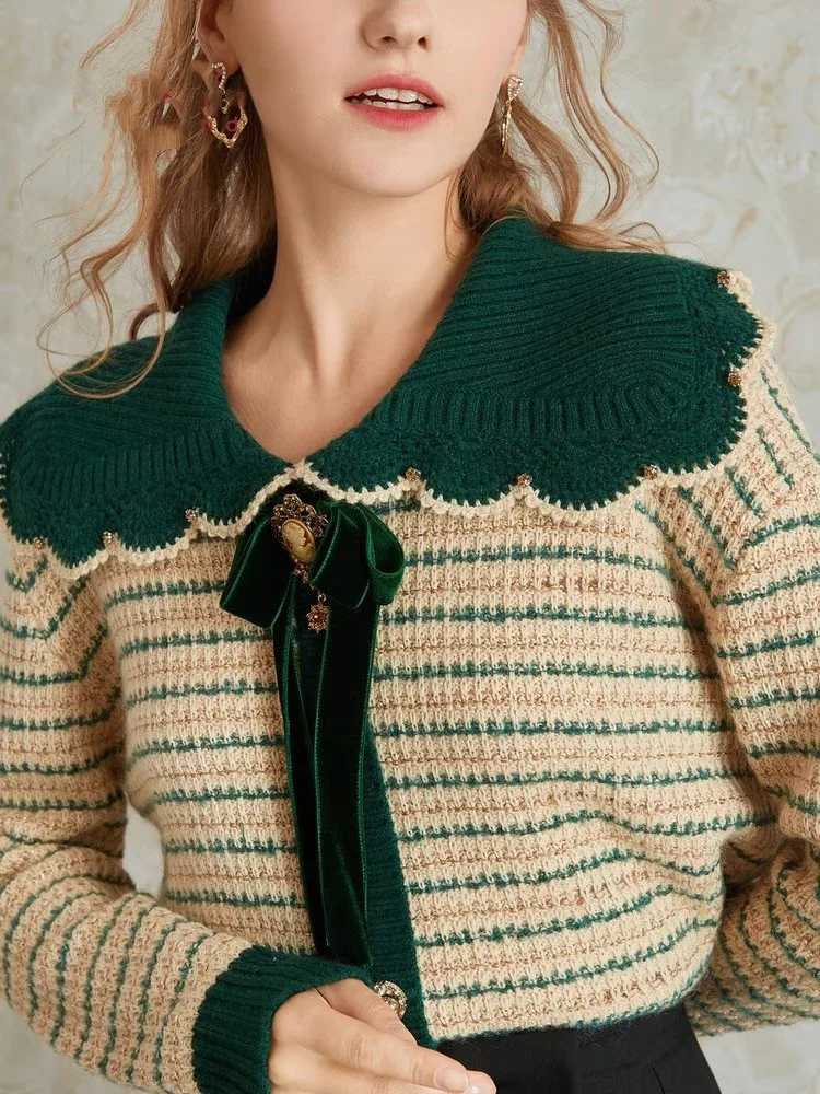 Винтажный элегантный полосатый свитер с галстуком-бабочкой пуловер женский