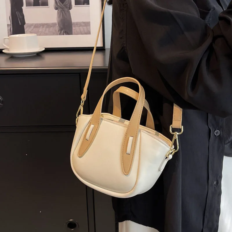 New Fashion Contrast Handbags PU Textured Single Shoulder Crossbody Bag Women's Casual Simple Bucket Satchel Commuting Versatile