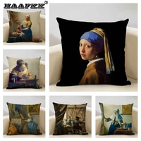 art oil painting pearl girl cushion cover 4545cm art decoration coffee bar hotel office flax pillow cover johannes vermmer
