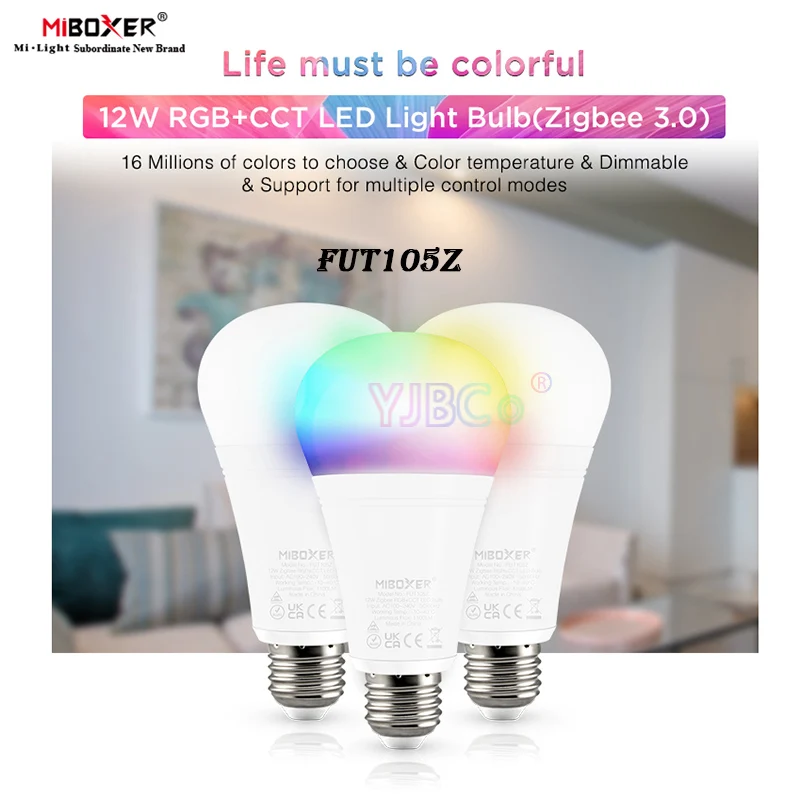 Miboxer FUT105Z E27 12W RGB+CCT LED Bulb Light AC100~240V Dimmable Smart Lamp Zigbee 3.0 gateway Controller/Voice/ App Control
