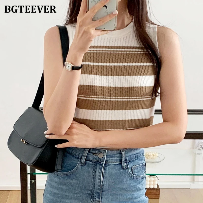 

BGTEEVER Casual Slim Ladies Striped Knitted Tank Tops Summer O-neck Skinny Female Sleeveless Camisole Women Pullovers Vests 2023