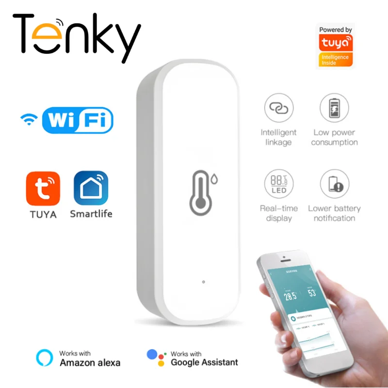 

Смарт-датчик температуры и влажности Tenky Tuya Wi-Fi, умное соединение с приложением Smartlife, голосовое управление, работает с Alexa Google Home