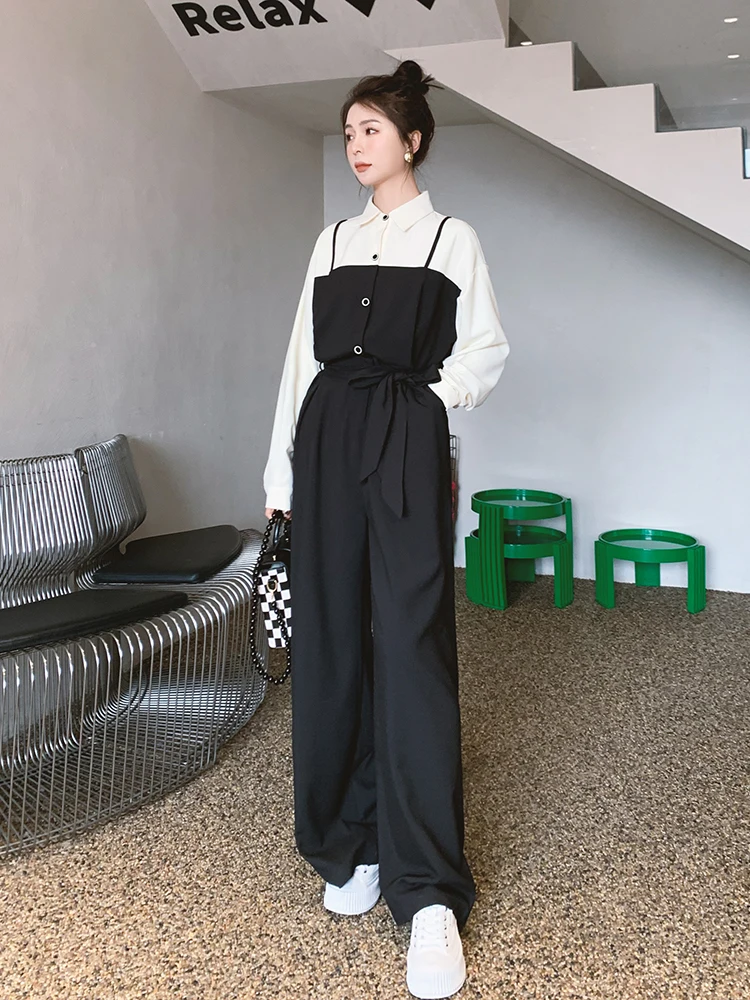 

Jumpsuit Women Long Sleeve Shirt Style Slim Elegant Chic One Piece Pants Overalls Romper Fall Spring Wide Leg Overalls Lady 9816