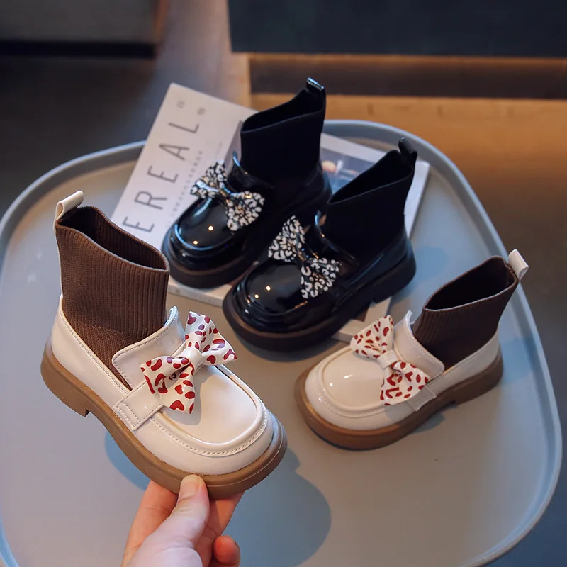 

Girls Autumn and Spring New Kids Fashion Leather Shoes 2022 New Spot Bow Sock Shoes Korean Style Versatile Casual Child Boots