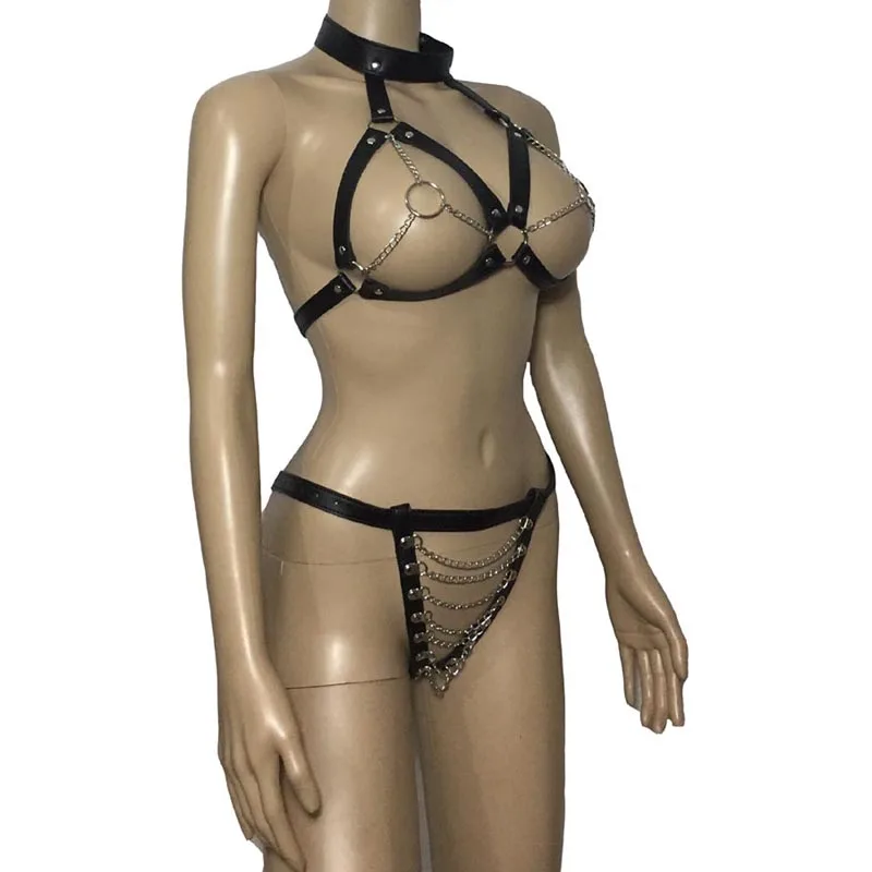 

Women PU Leather Strap Metal Chain Bikini Body Harness Set O-Ring Bra Top G-String Fetish Wear Lingerie