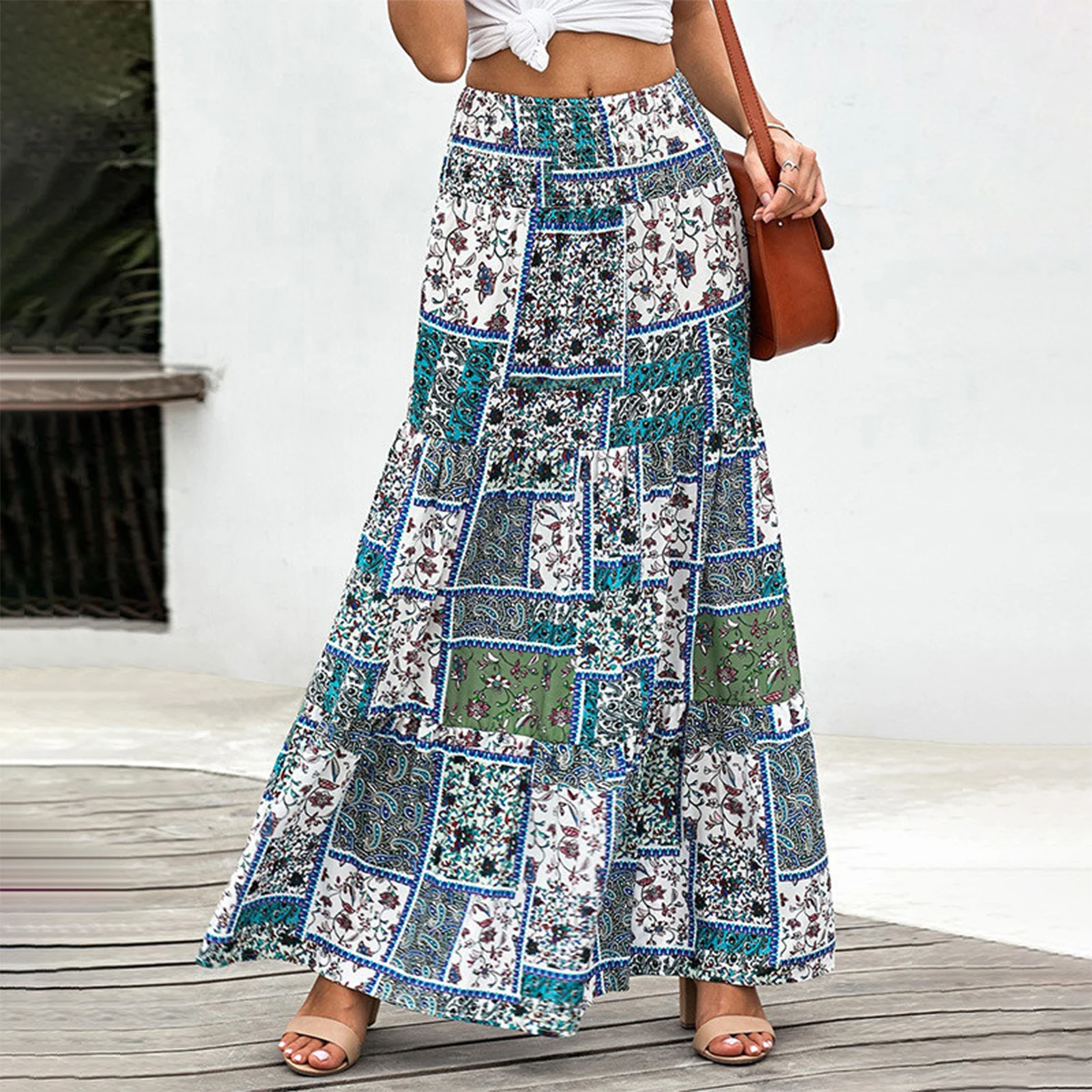 

Boho Floral Long Skirts Women Summer Printed High Waist Maxi Skirt Casual Loose Beach Holiday Famale Big Swing Skirt