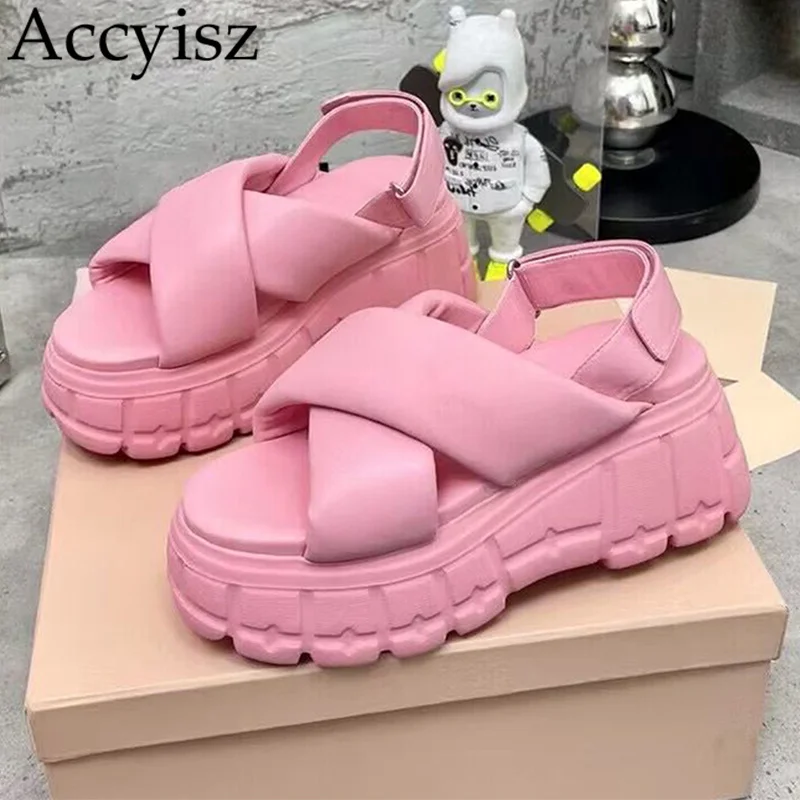

2023 Flat Thick Sole Genuine Leather Sandals Women Cross Band Back Strap Platform Sandalias Ladies Summer Outdoor Vacation Shoes