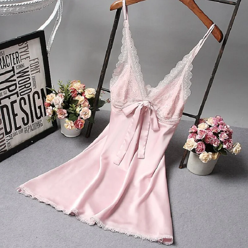 

Women Sexy Silk Satin Night Gown Sleeveless Nightdress Lace Sleep Dress V-neck Nighties Night Shirt Fashion Sleepwear Nightwear