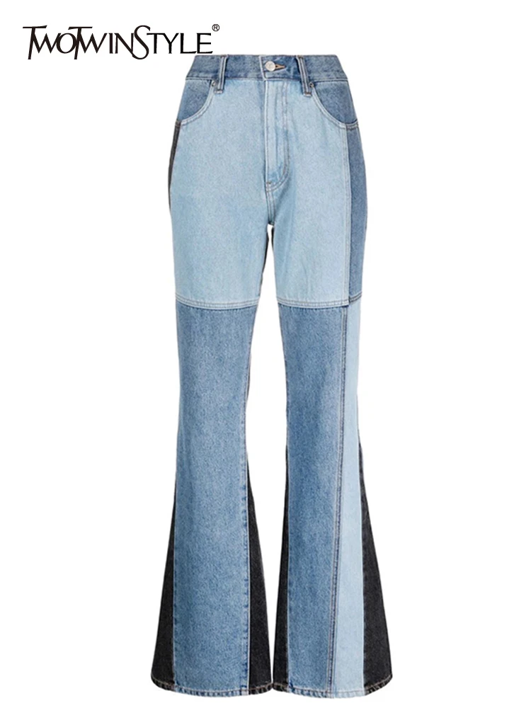 

Женские прямые брюки twotwin2 в стиле пэчворк, свободные джинсовые брюки с высокой талией в Корейском стиле