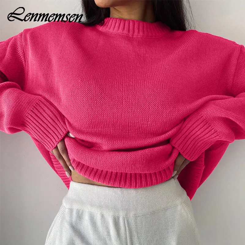 Lenmemsen Trendy Loose Knitted Sweater Women Winter Soft O-neck Long Sleeve Solid Pullover Female Vintage All-match Basic Jumper