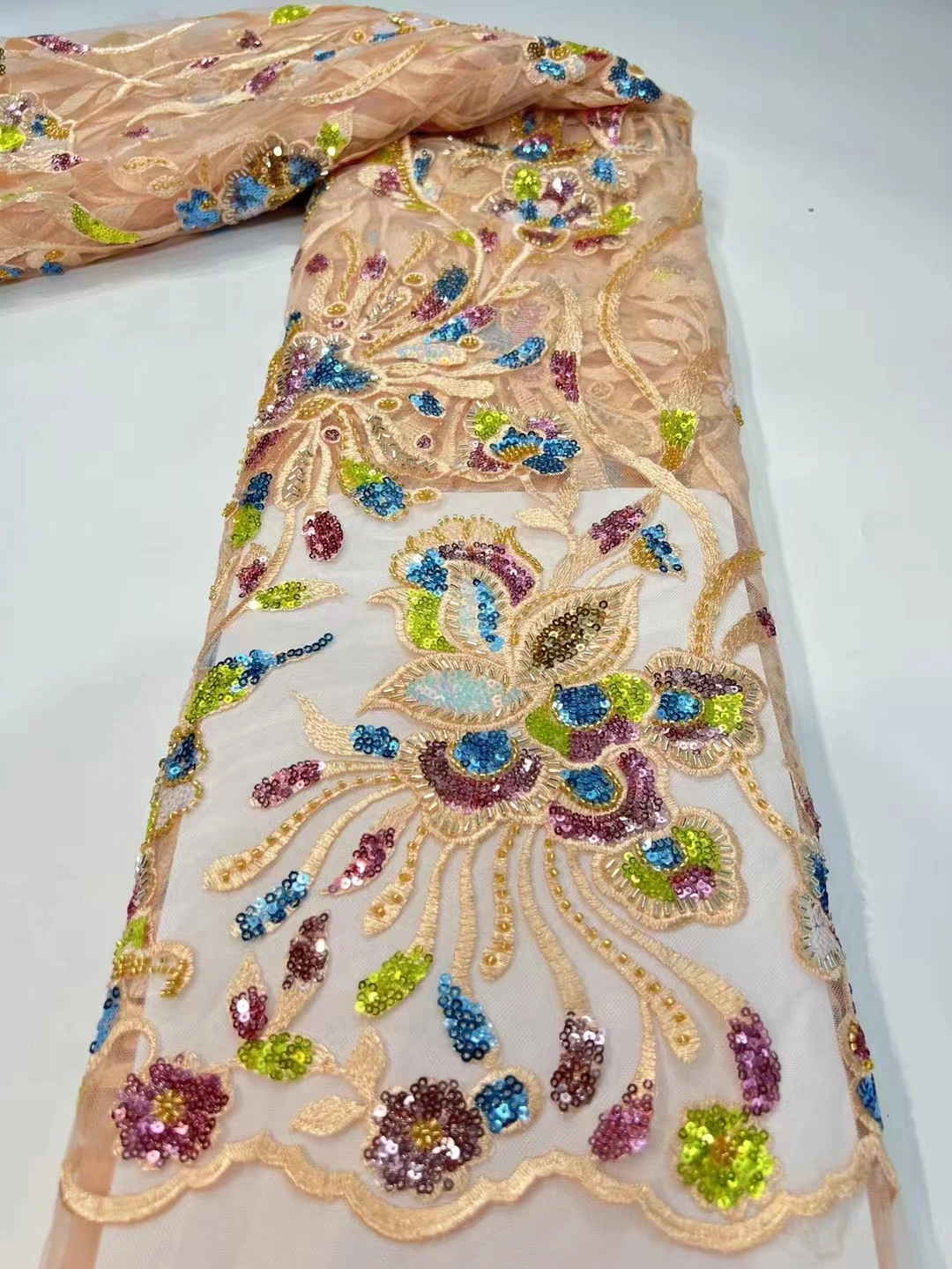 

DUOFEIYA Nigerian French Sequins Beads Lace Fabric African Tulle Lace Fabrics 5 Yards High Quality Lace Material For Party Dress