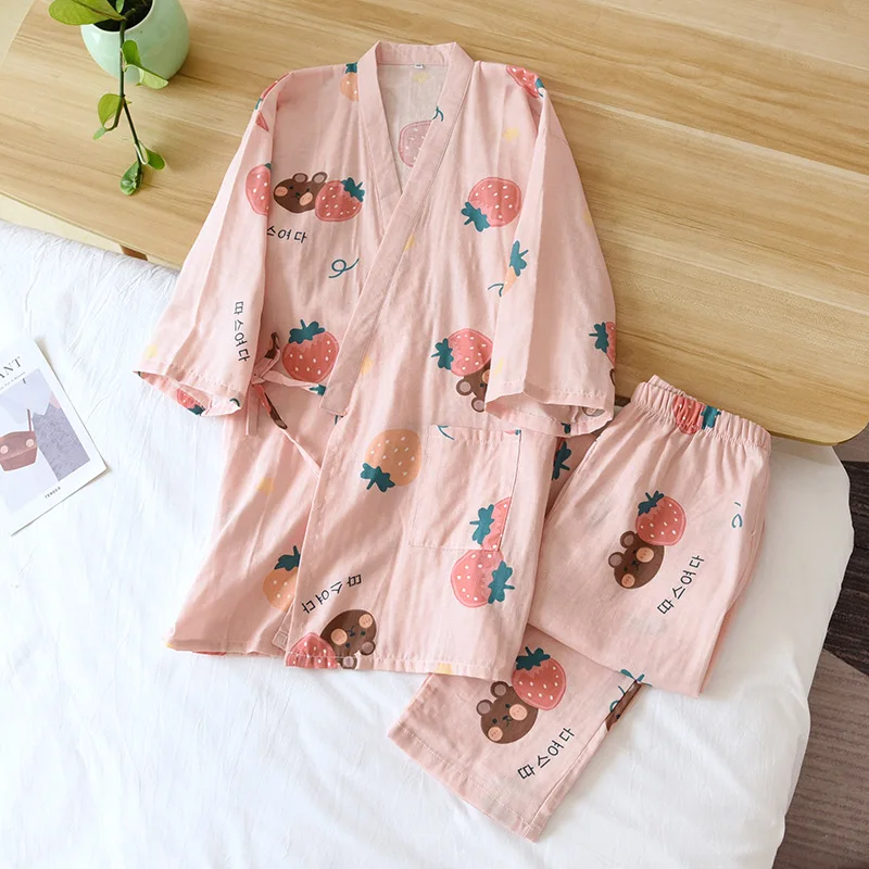 

Pajamas Set Women Summer Pure Cotton Gauze Strawberry Half Sleeve Trousers Kimono Ladies Sleepwear Robe Sets Thin Comfy Homewear