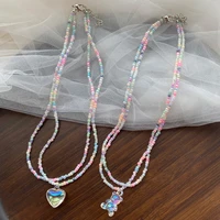 korean version double layer rice bead overlay necklace girl cute pink cartoon bear hip hop street bear collarbone chain girl