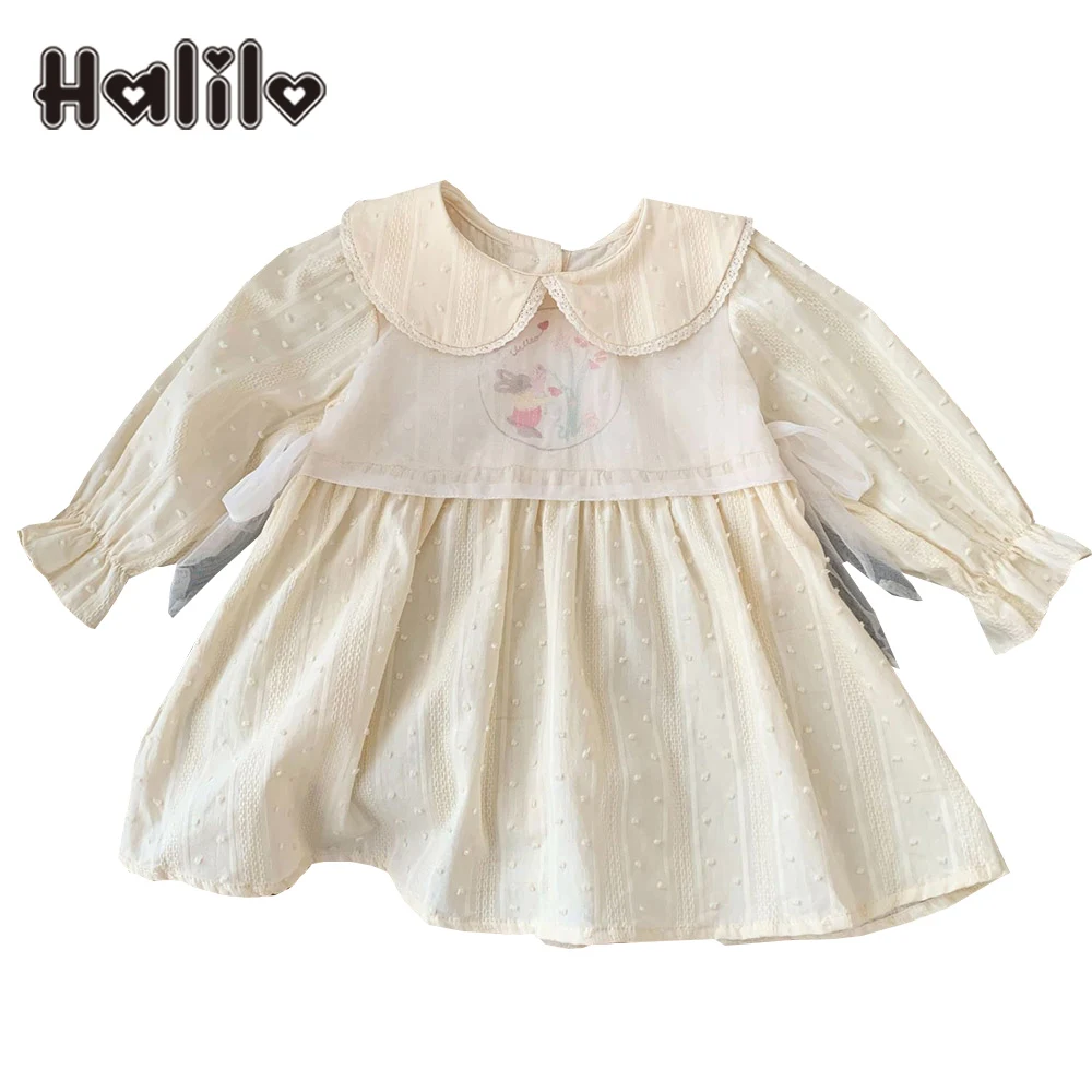 

Halilo Girls Long Sleeve Dress Cotton Peter Pan Collar Flower Embrodiery Princess Birthday Toddler Clothes