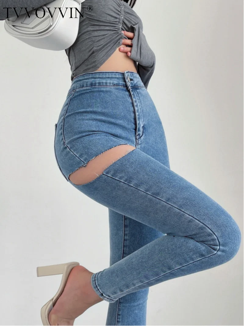 

American Spicy TVVOVVIN Girls Sexy Hole Jeans Slim High Waist Elastic Feet Pencil Pants Trousers Fashion Women BOF8