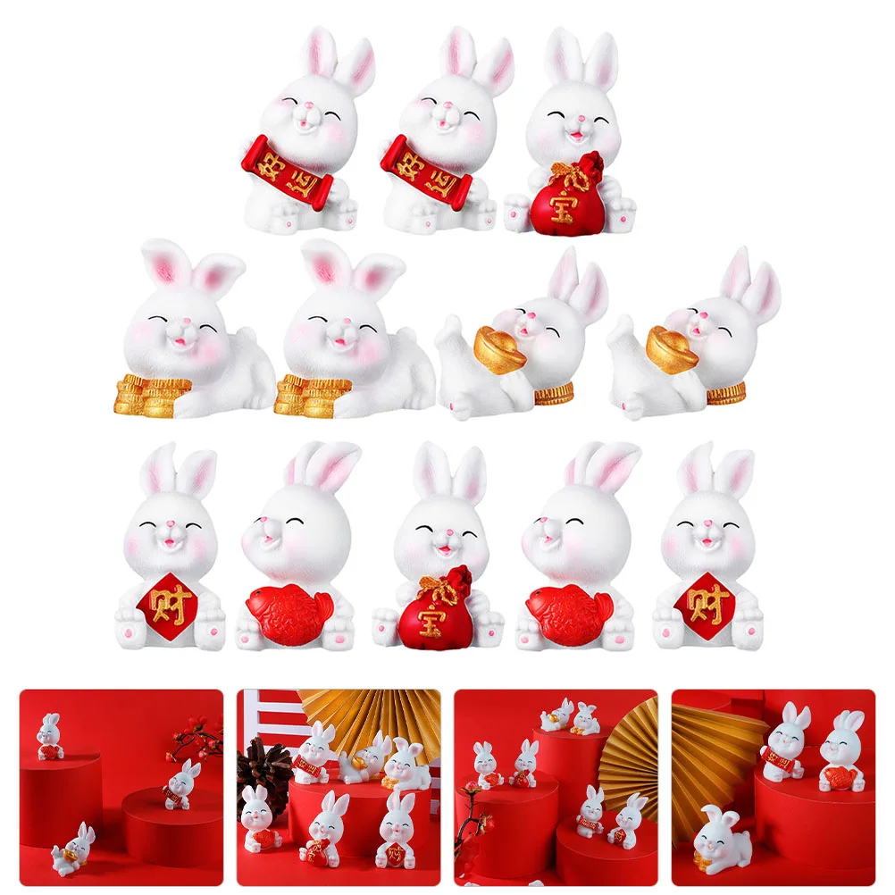 

12 Pcs Year The Rabbit Mascot Miniature Bunny Miniatures Number Creative Crafts Natural Resin Household Statues Office Tabletop