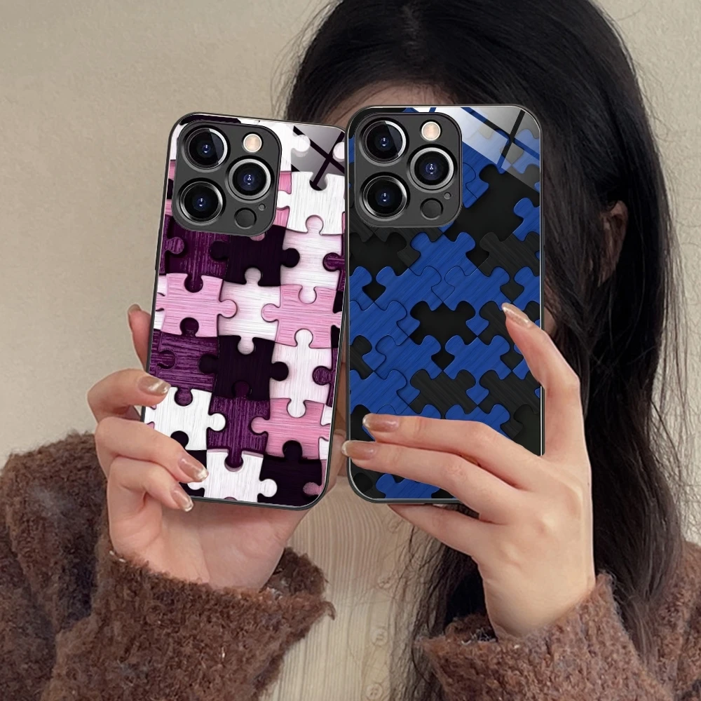 Puzzle Fashion Pretty Mobile Cell Phone Case for iPhone 16 15 14 13 12 11 X XR XS 8 Pro Max Plus Mini PC Glass Cover Shell