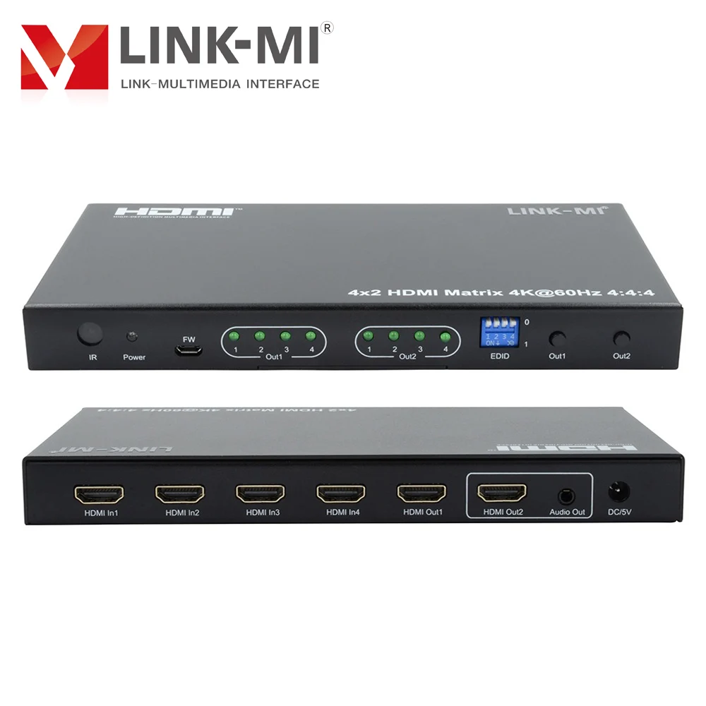 Фото LINK-MI 4x2 HDMI2.0 поддержка матрицы 4K @ 60 Гц YUV4:4:4, 18 Гбит/с, HDCP2.2 UHD матричный переключатель 4 в 2 с аудио №2
