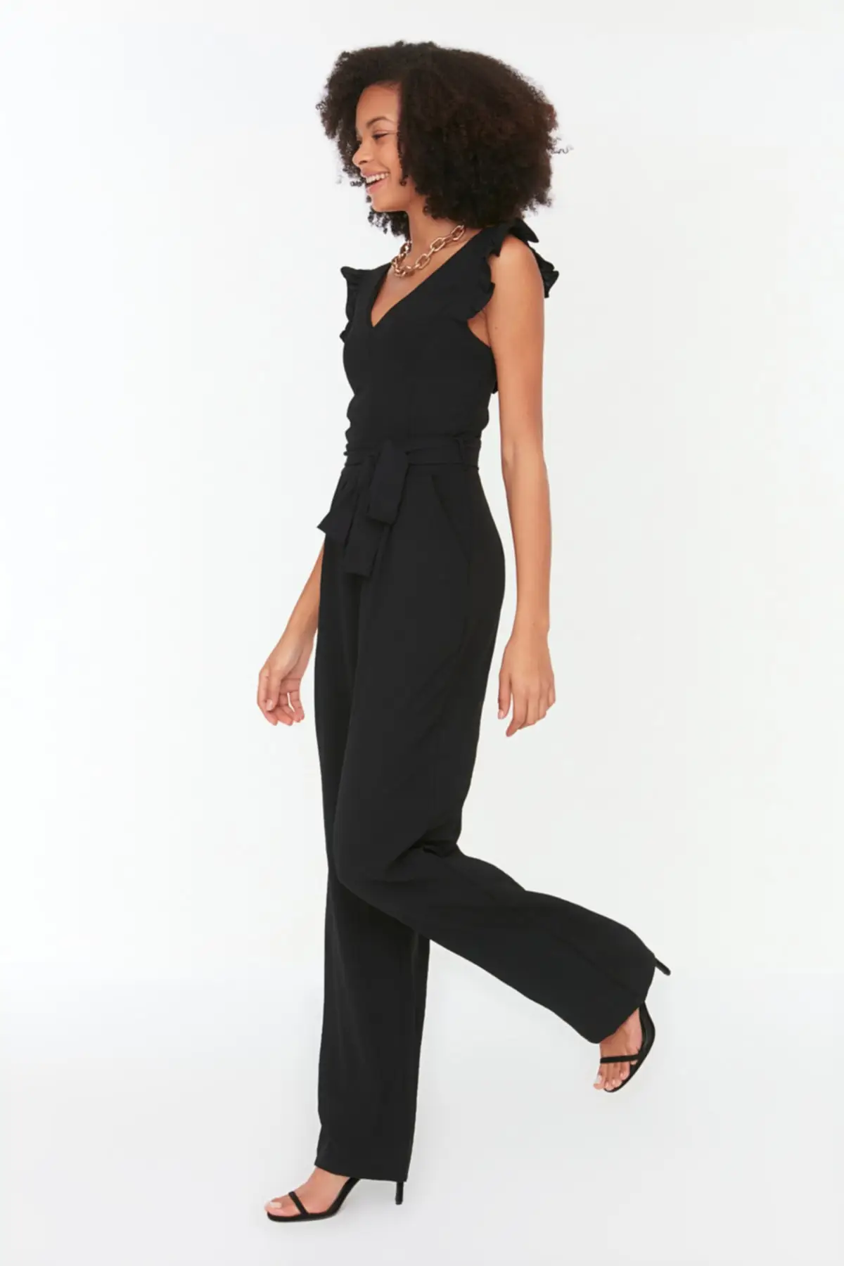 

Women's Overalls Black Belted Jumpsuit Hot Style Quality Fabric Sleeveless Baggy Trousers Casual Jumpsuit