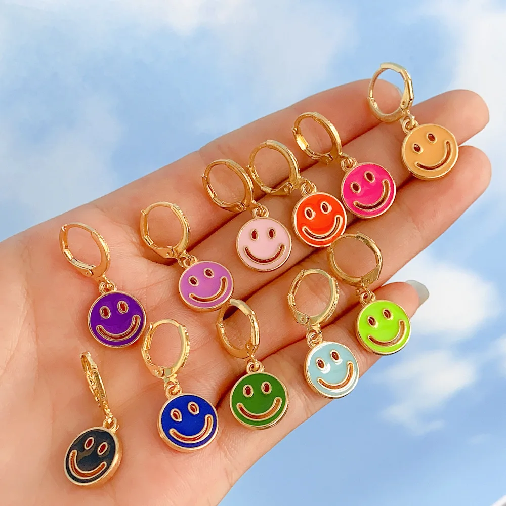 

Cute Candy Color Smiley Pandant Drop Dangle Earring for Women Chic Small Smiling Face Hoop Earrings Charms Huggies Jewelry Gift