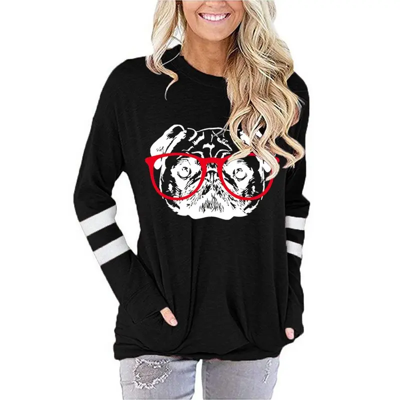 

Женская футболка с длинным рукавом, принтом Мопсов и графическим принтом