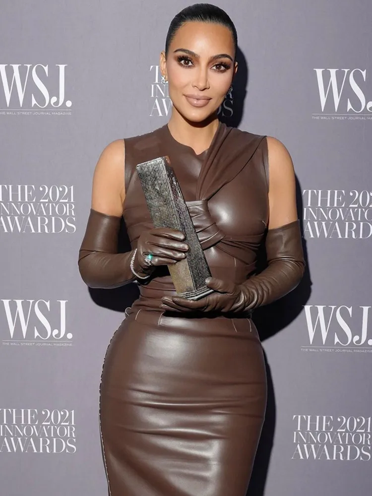 

Women Fashion Sexy Designer Brown Beige PU Leather Dress 2022 Midi Celebrity Evening Tank Party Dress