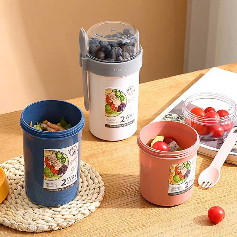 Breakfast Oatmeal Cereal Nut Yogurt Salad Cup Seal Container Set with Fork Sauce Cup Lid Bento Tuppers Food Taper Bowl Lunch Box