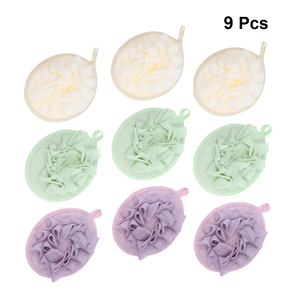 

9Pcs Practical Bath Ball Bath Bubble Net Solid Color Bath Sponge Portable Bath Flower Bathing Accessory (3 Color 3pcs for Each