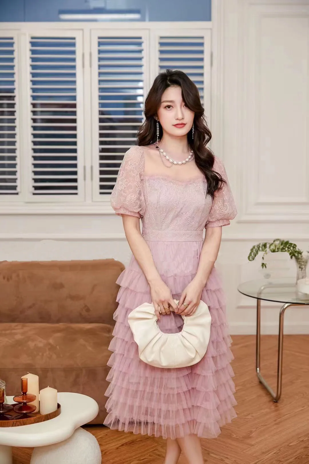 Женское дизайнерское платье с пышными рукавами элегантное Сетчатое кружевное