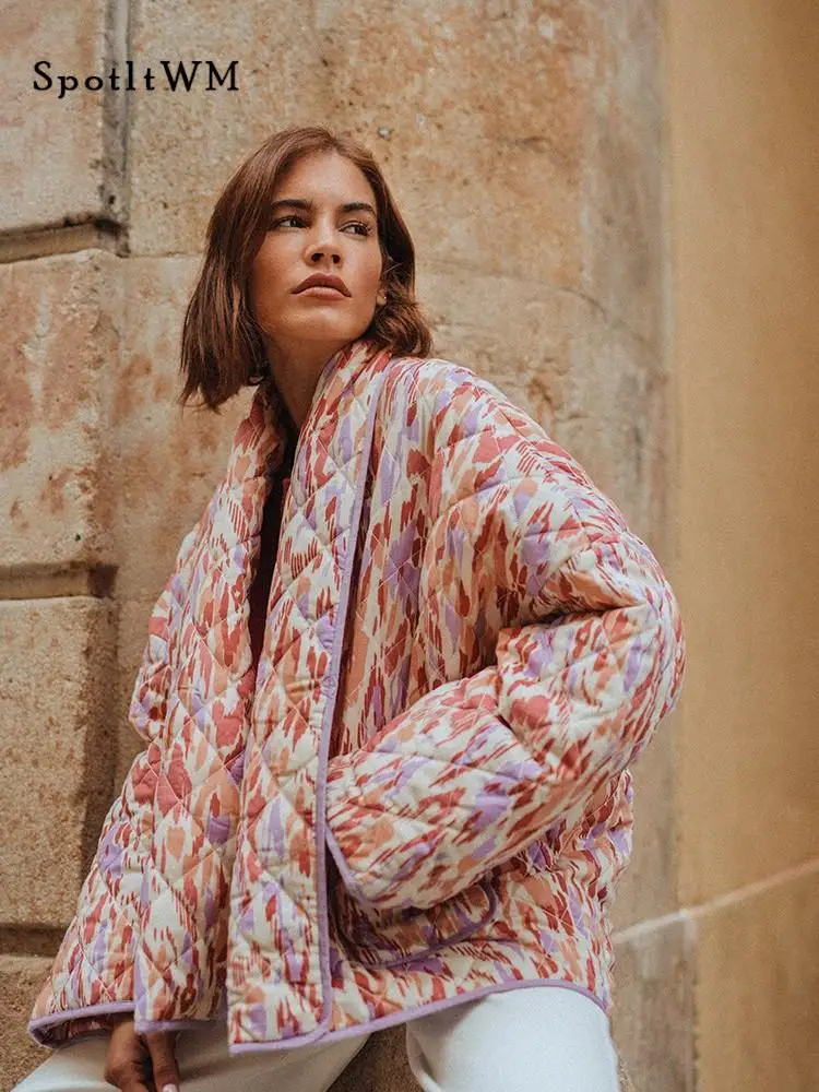 

Women Fashion Patchwork Printed Cotton Coat Female Vintage Loose Long Sleeve Jackets 2023 Autumn Chic Warm Thick High Streetwear