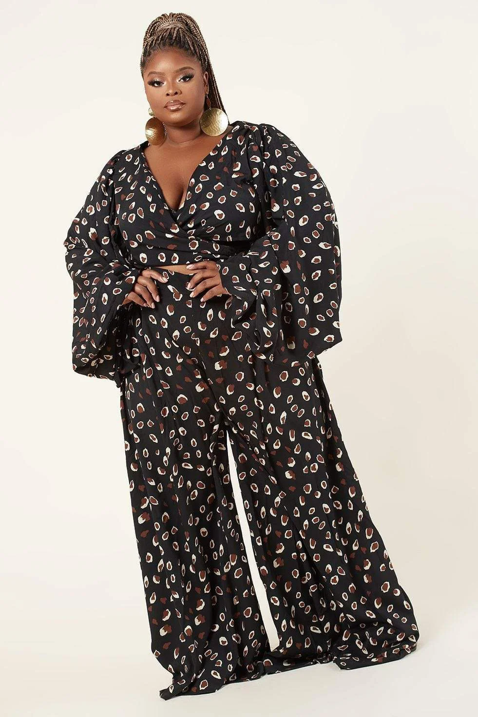 Plus Size 2 Piece Set Women New Africa Large Leopard Print Lace Cardigan Lantern Sleeve Top Loose Wide Leg Pants Fashion Set