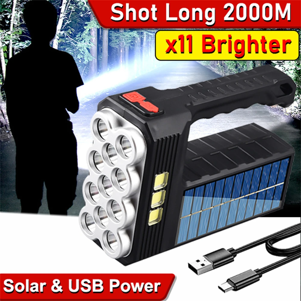 Super Bright Solar LED Camping Flashlight with COB Work Lights USB+Solar Rechargeable Handheld 4Modes Waterproof Solar Lamp