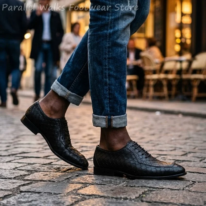 Фото Мужские оксфорды Sartorial из кожи с тиснением под рыбью чешую, броги с острым носком, на шнуровке, для делового стиля, свадебные туфли, оксфорды №4