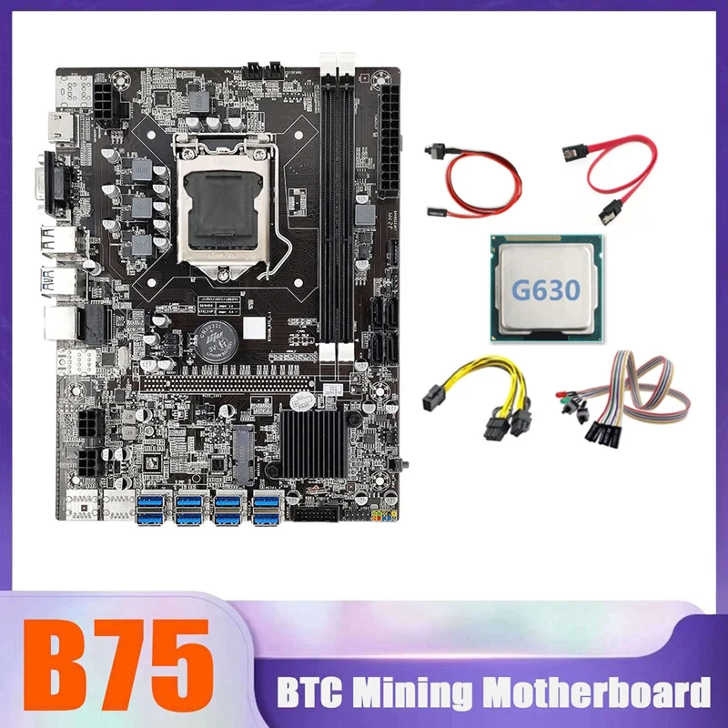 B75 BTC Miner Motherboard 8XUSB+G630 CPU+Switch Cable+SATA Cable+6Pin To Dual 8Pin Cable+With Light Switch Cable