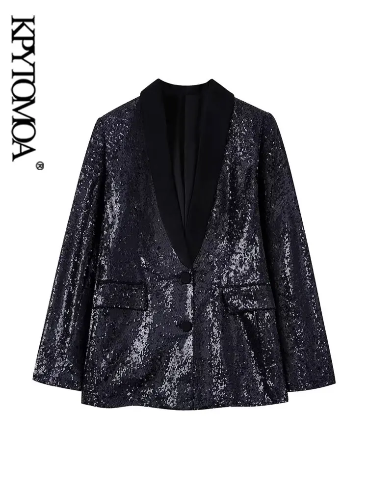 

KPYTOMOA женский модный Блейзер на пуговицах спереди с блестками пальто Винтажное с длинным рукавом с откидными карманами женская верхняя одеж...