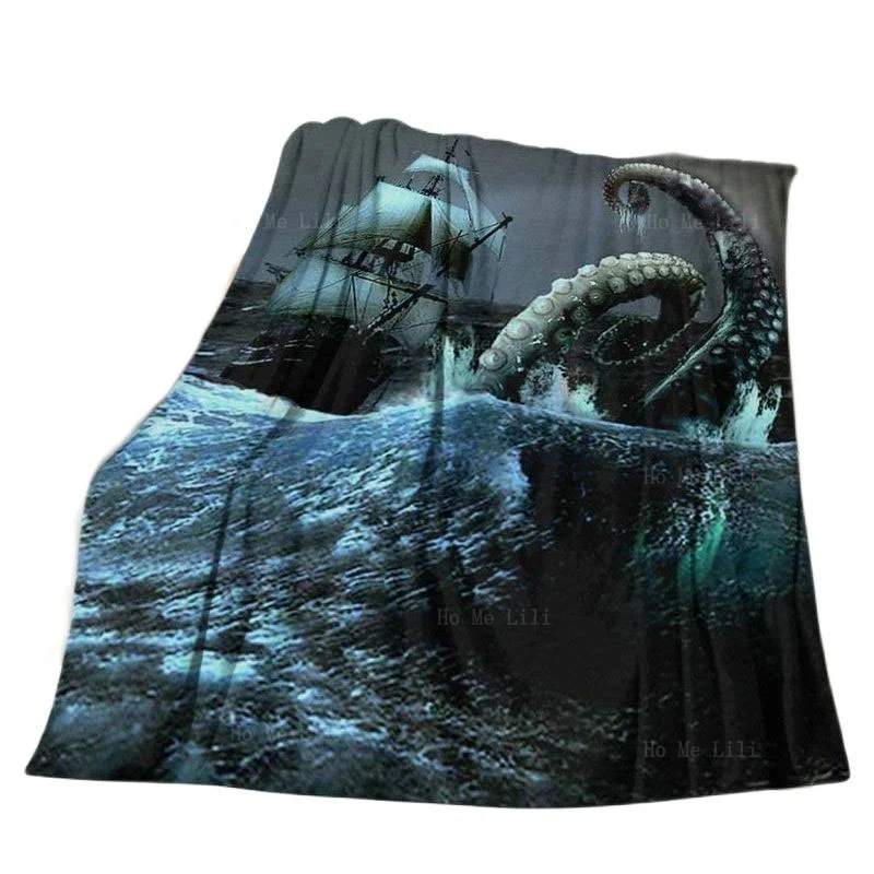

Kraken Octopus Attacking Sailing Cargo Ship Soft Cozy Warm Flannel Blanket For Couch Adult Youth Home Travel Camping Applicable