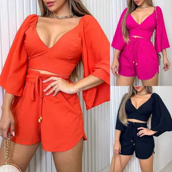 V Neck Backless Flared Sleeve Shirt and Lace Up High Waist Shorts Fashion Casual Suit plus Size Sexy Nipped Waist Crop Top Party 1