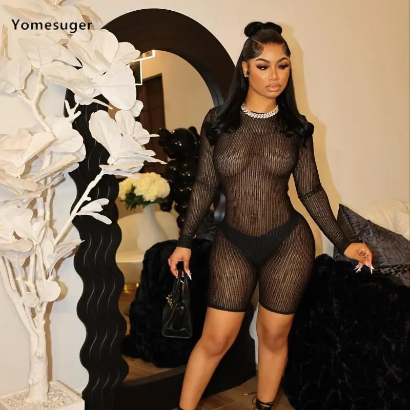 

Yomesuger Sexy Mesh See Through Playsuits Women Fashion O-Neck Long Sleeve Backless Slim One Piece Rompers 2024 Sping Clubwear