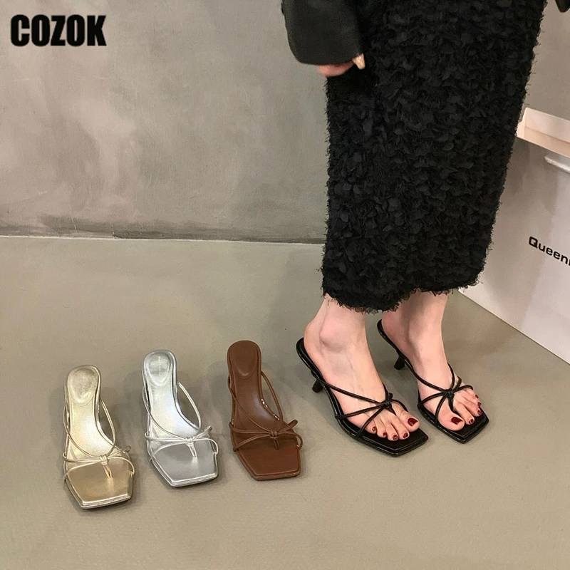 

Шлепанцы женские с узким ремешком, дизайнерские сандалии с клипсой, на тонком каблуке, Классическая Летняя обувь, 2023