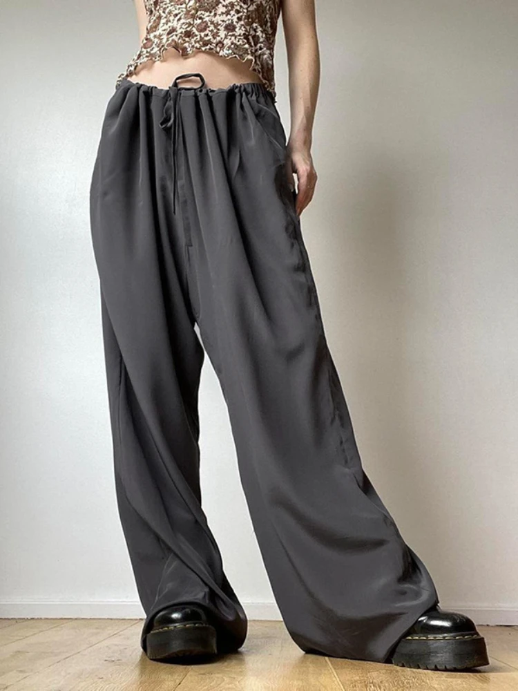 

Gray Woven Wide-legged Pants Vintage Women Fashion 2022 New Comfortable and Smooth Drawstring Ties Loose Low Waist Casual Pants