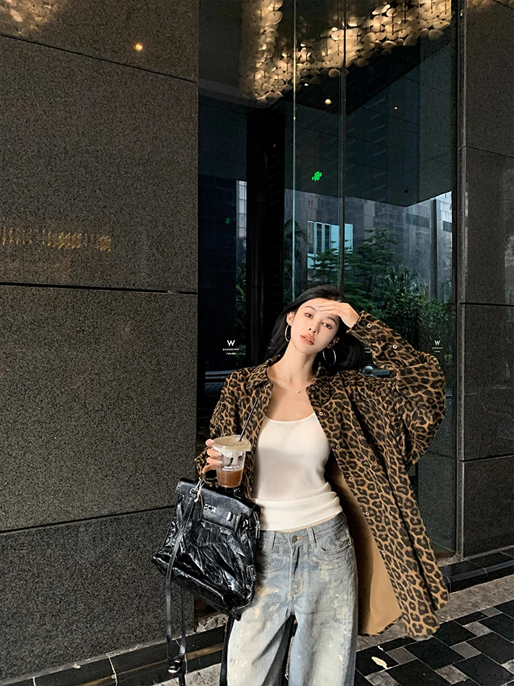 American retro Sle Gyaru Leopard Print Polo Collar Shirts Women Autumn New Idle Loose Slimming Temperament Top |