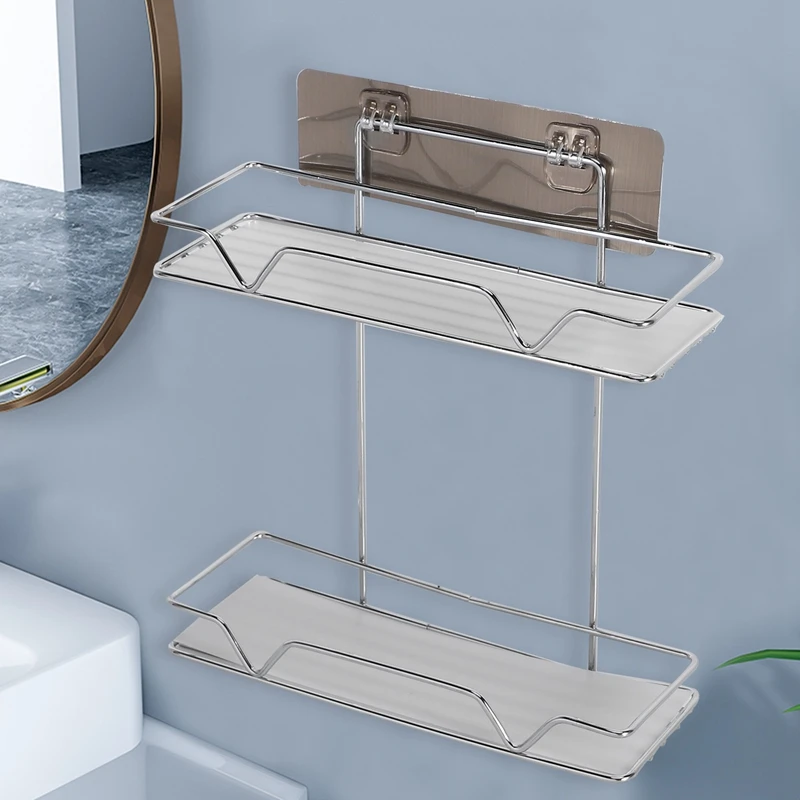 

Double Layer Bathroom Organizer Stainless Steel Storage Shelf Kitchen Bathroom Toilet Wall Hanging Cosmetic Multifunction Storag