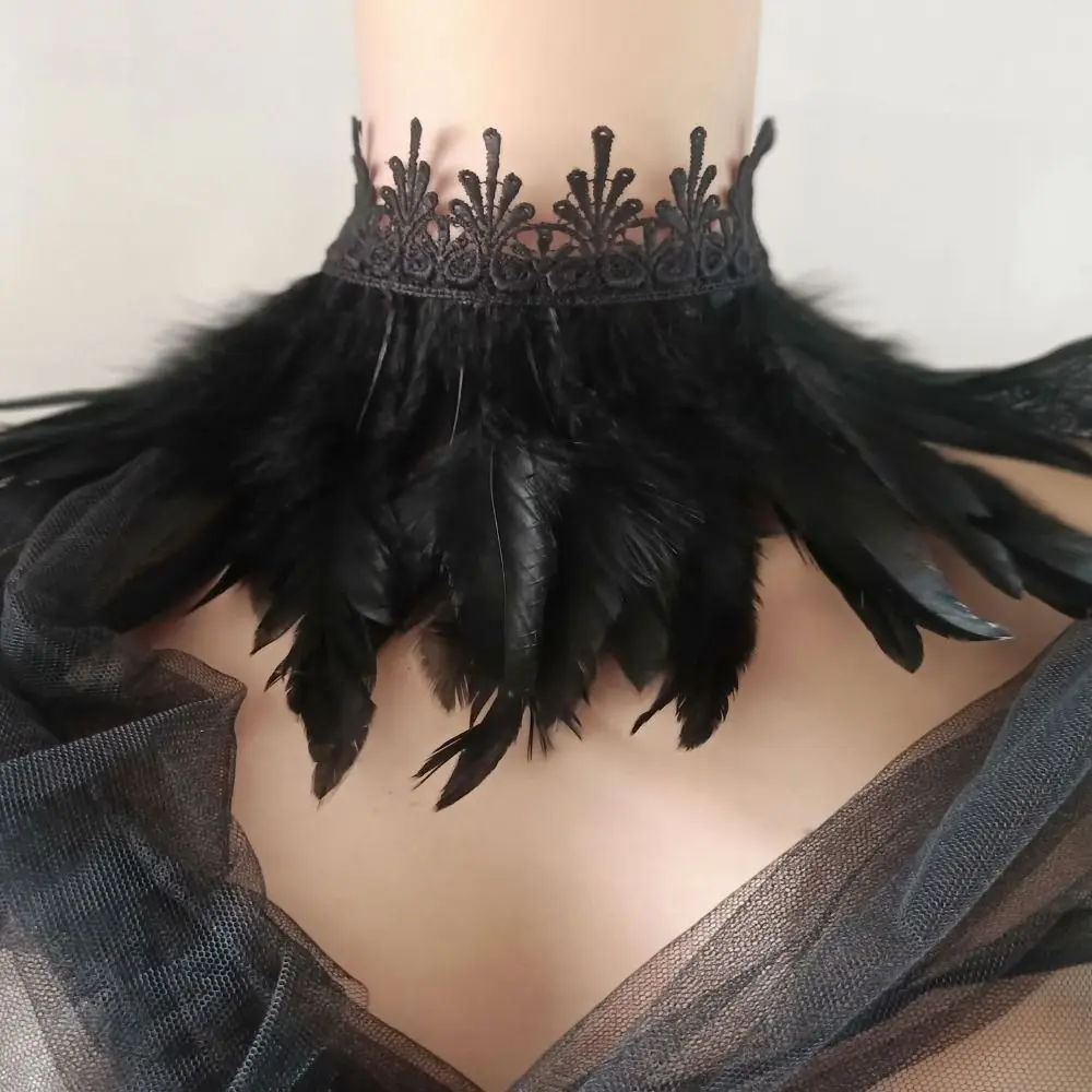 

New Black Feather Choker Collar Sexy Lace Women Neck Cover Punk Cape Shawl Party Cosplay Natural Feather With Lace Fake Collar