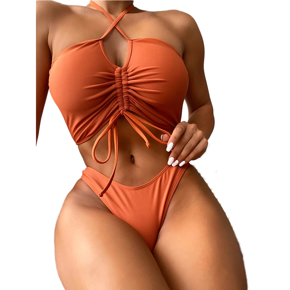 

Женский купальный костюм с лямкой на шее FS, оранжевый купальный костюм из двух предметов с треугольными лямками на шнуровке спереди, 2022